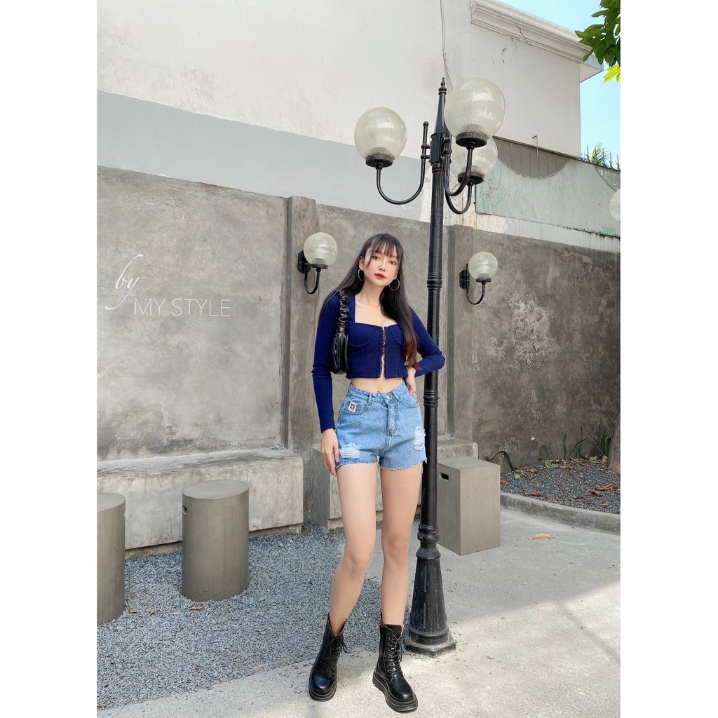 Quần Sọt Jean Nữ Rách Tua Đính Logo Ảnh Thật