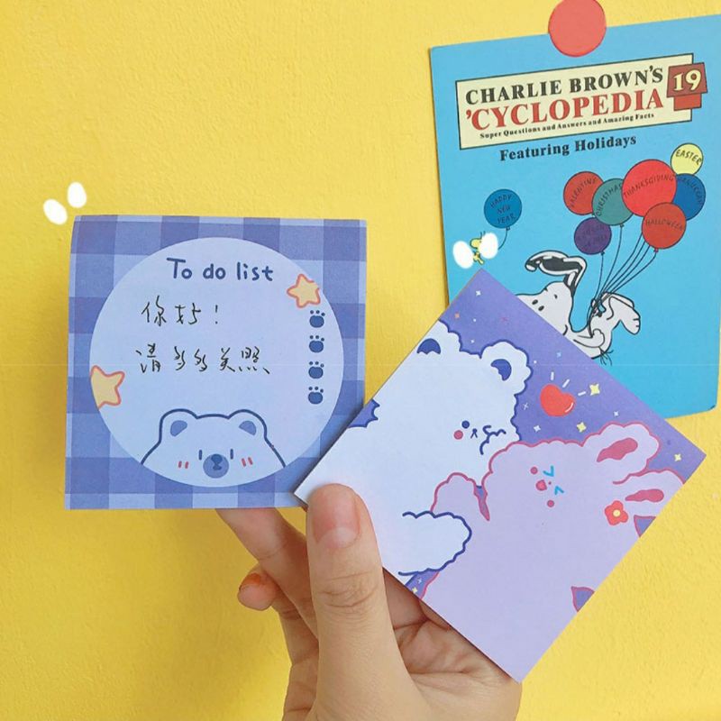 Giấy note cute có keo dán phối màu Xanh tím mộng mơ Gấu và Thỏ đáng yêu BMBooks