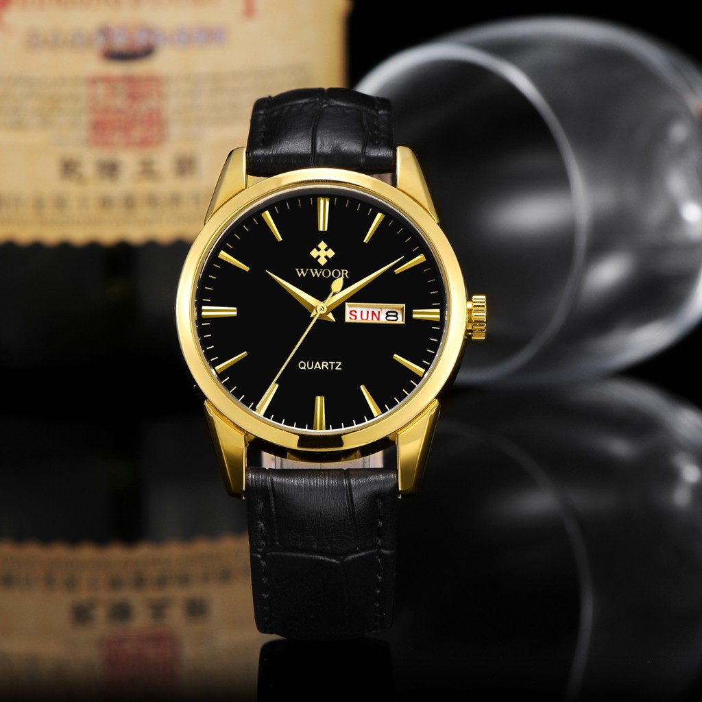 WWOOR top brand Luxury watch for men analog calendar wristwatch waterproof quartz watches  fashion leather watch 8801