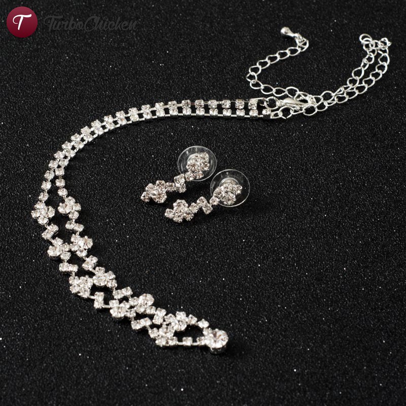 ☞Đồ trang sức☜ Fashion Women Necklace Earrings Set Alloy Rhinestone Wedding Bridal Lady Dangle Earring Necklaces Jewellery Accessories
