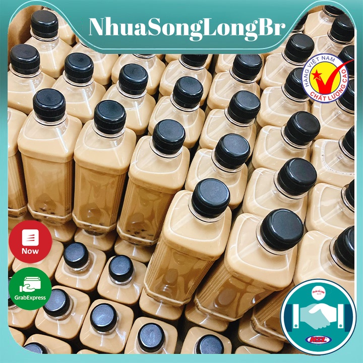 Chai nhựa vuông nắp đen 350ml,450ml Song Long_chai đựng trà sữa,nước hoa quả,sữa chua,trà thái tiện lợi an toàn