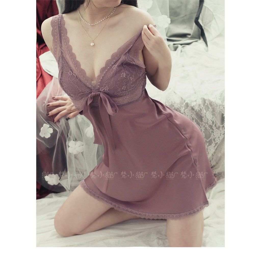 Dưới 60kg[LL190] Đầm ngủ sexy - Váy ngủ satin lụa hai dây hở lưng phối ren cao cấp quyến rũ | BigBuy360 - bigbuy360.vn
