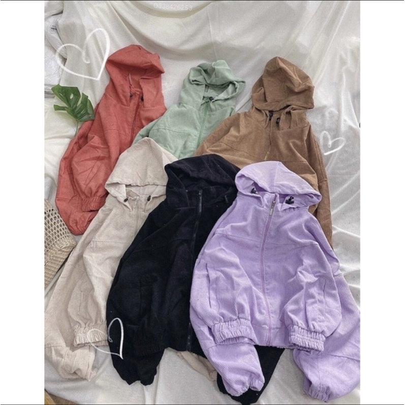 Áo khoác nhung tăm có nón nữ phối túi tay dài form lửng