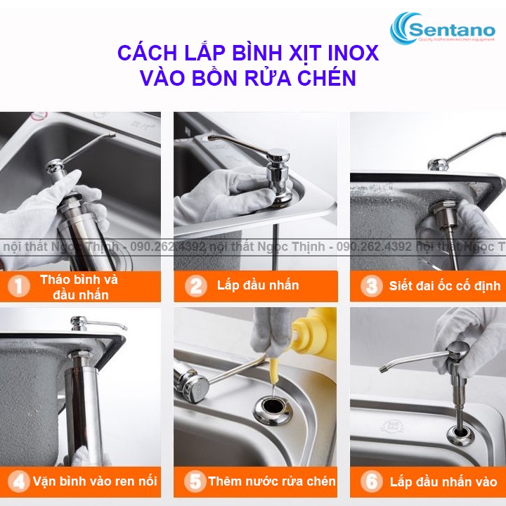 Bình xà bông inox gắn vào chậu rửa đựng nước rửa chén