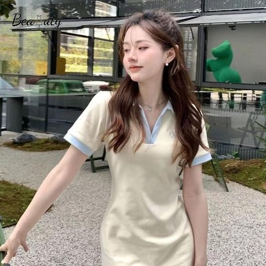 [MURIOKI] Đầm Ngắn Ôm Eo Cổ Polo đầm len thêu Bằng Vải Cotton Phong Cách Ngọt Ngào Thời Trang Mới 2022 đầm thun co giãn