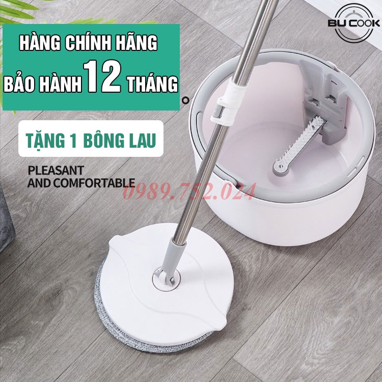 Bộ lau nhà thông minh BUCOOK-K8 thùng vắt xoay tròn nhựa PP, Cán inox dài 134cm, miếng lau 25cm Microfiber