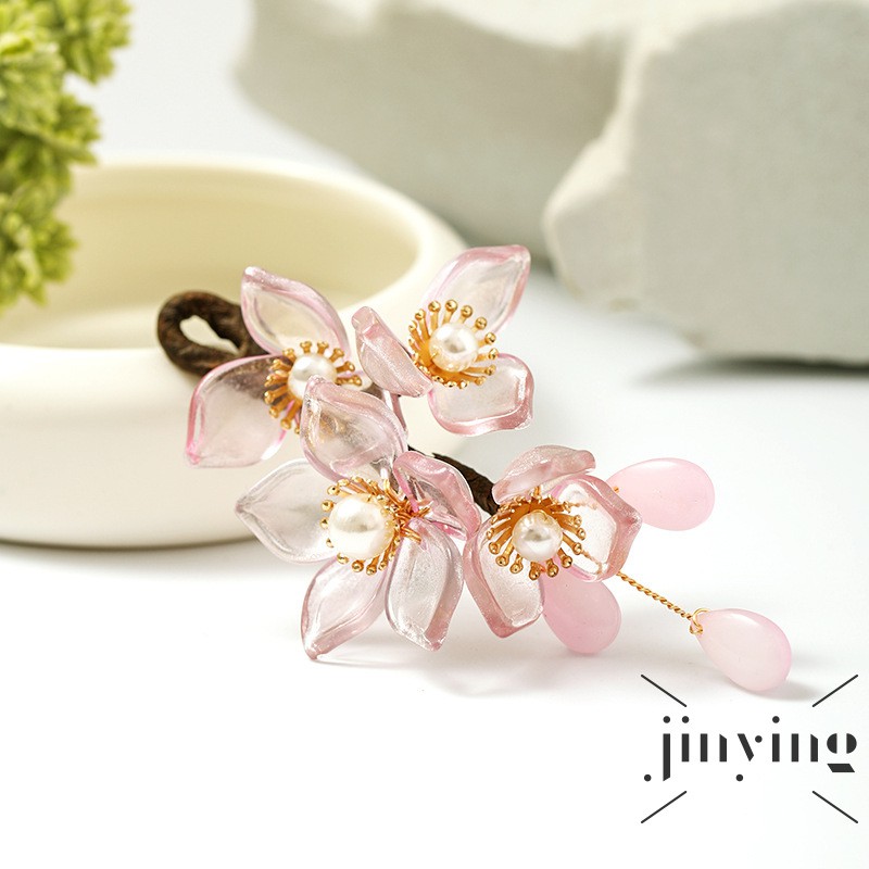 ❤S Wind Antique Style Hairpin Fresh Retro Imitated Jade Pink Flower Hair Accessories Fashion Han Chinese Clothing Hair O