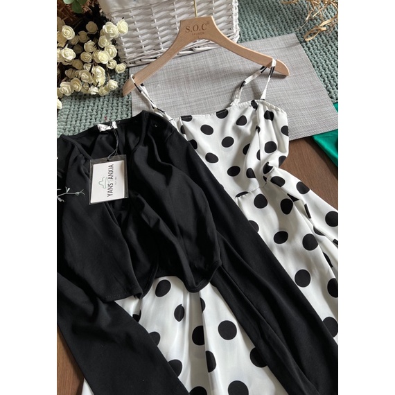 Set đầm 2 dây bi kèm khoác