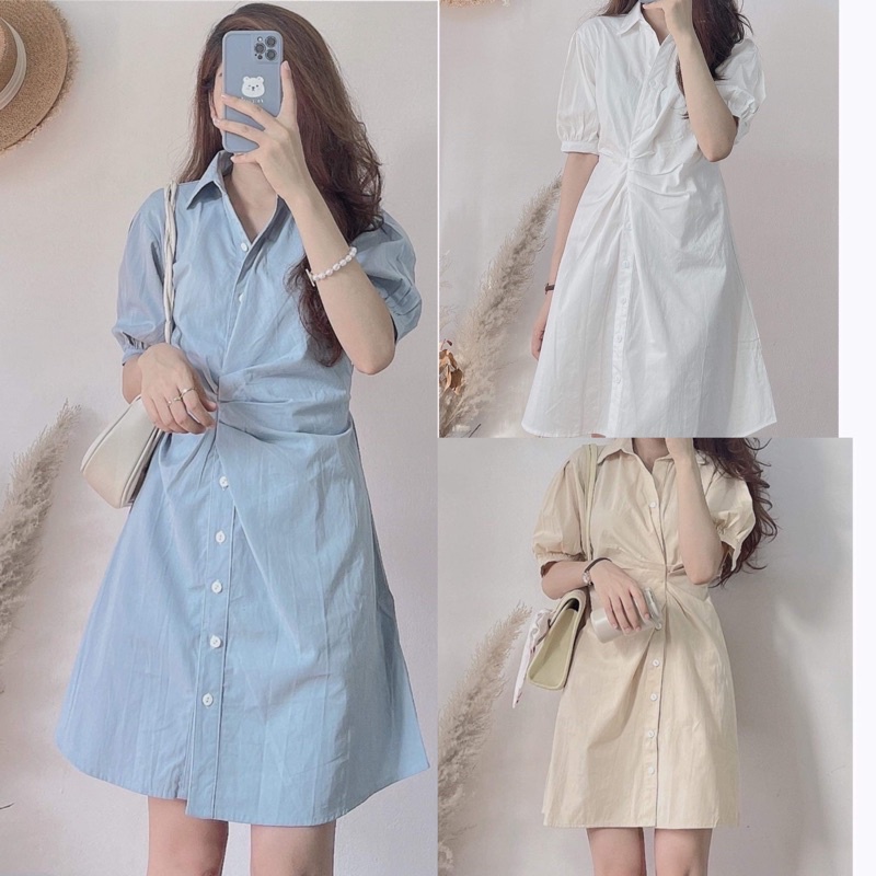 [Ảnh thật/Video]Đầm sơ mi nhúm eo sang chảnh Váy thanh lịch nhẹ nhàng kiểu dáng Hàn Quốc