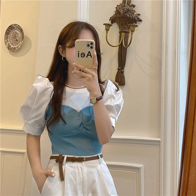 Áo thun tay ngắn phồng vải lụa băng phong cách retro thời trang mùa hè cho nữ