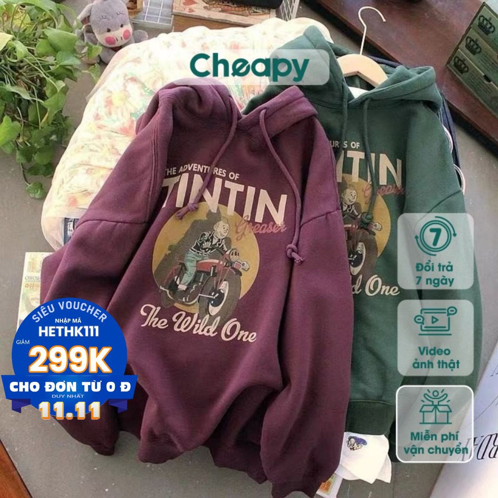 Áo hoodie nam nữ Tin Tin freesize Cheapy vải nỉ form rộng tay bồng có mũ unisex xanh đỏ ulzzang hàn quốc local brandC547