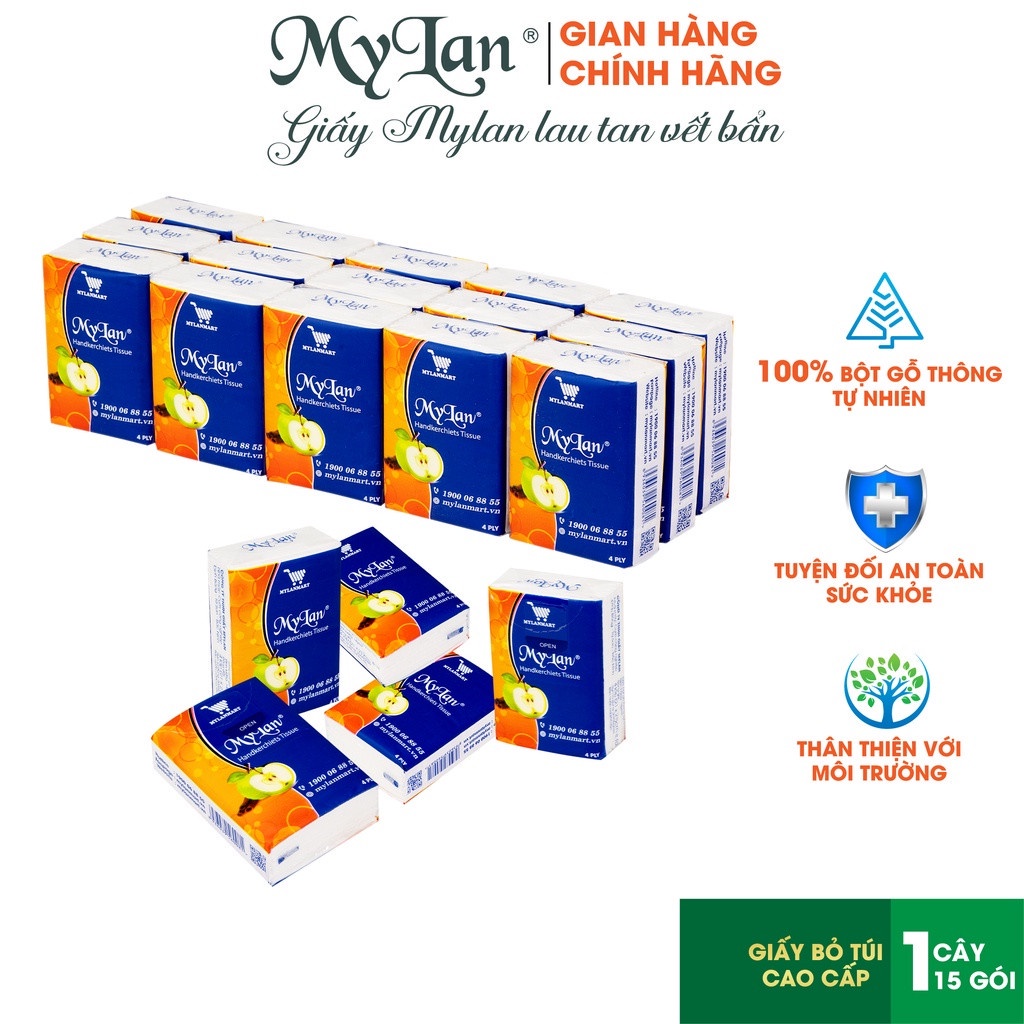 KHĂN GIẤY BỎ TÚI CAO CẤP MYLAN QUẢ TÁO 1 LỐC X 12 GÓI X 4 LỚP - HTPAPER