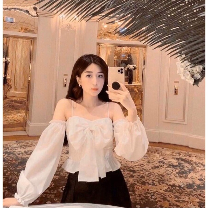 Áo croptop trắng nơ ngực phối tay phồng