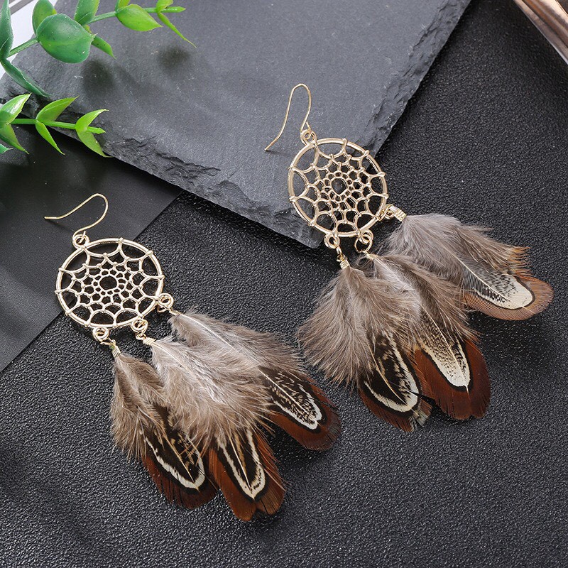 Khuyên tai lông vũ bông tai boho phong cách dân tộc - Mã HT051