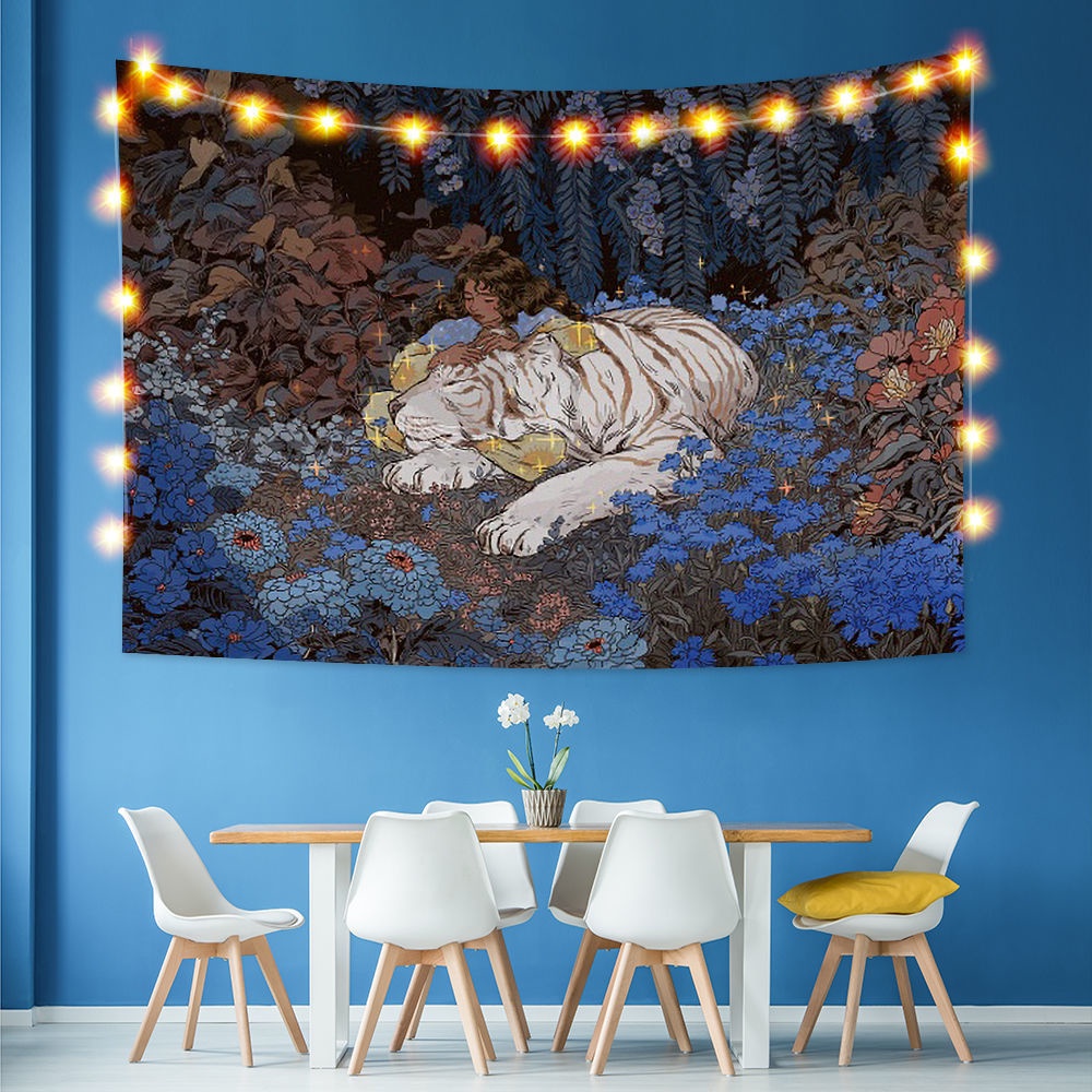 Nordic-Styleins Tiger Girl Fresh Illustration Bedroom Decoration Cloth Tapestry Background Cloth Mural