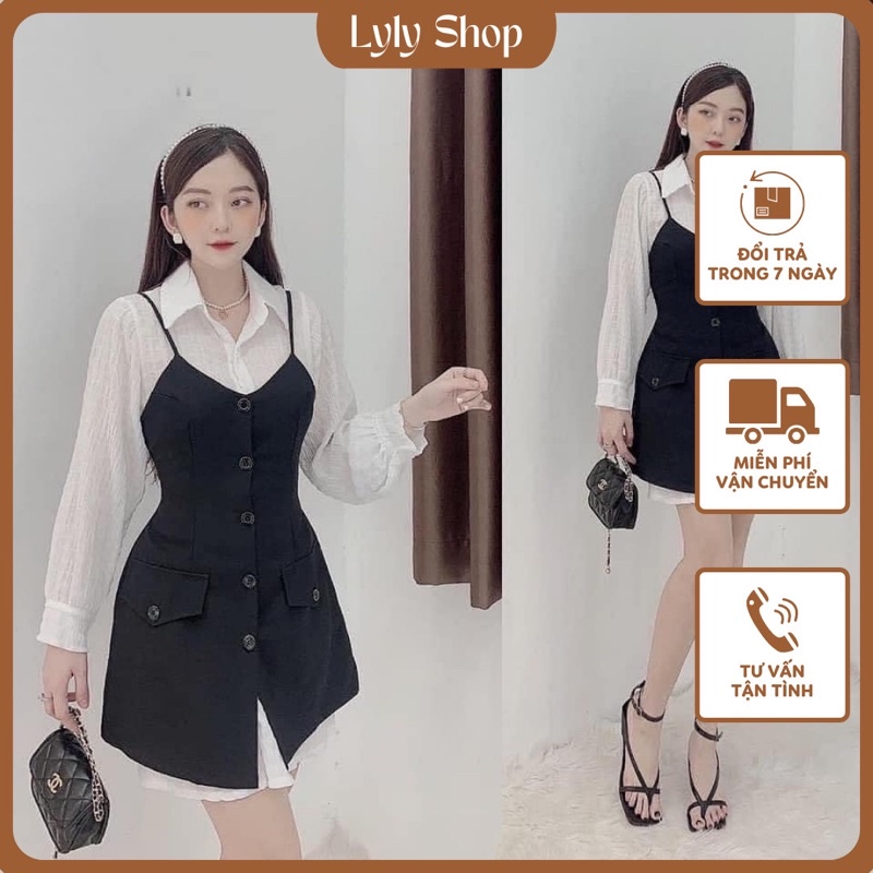 [Mã FAMARAL2 giảm 10K đơn 50K] Set yếm đen 2s + đầm sơmi tay dài (có bigsize)