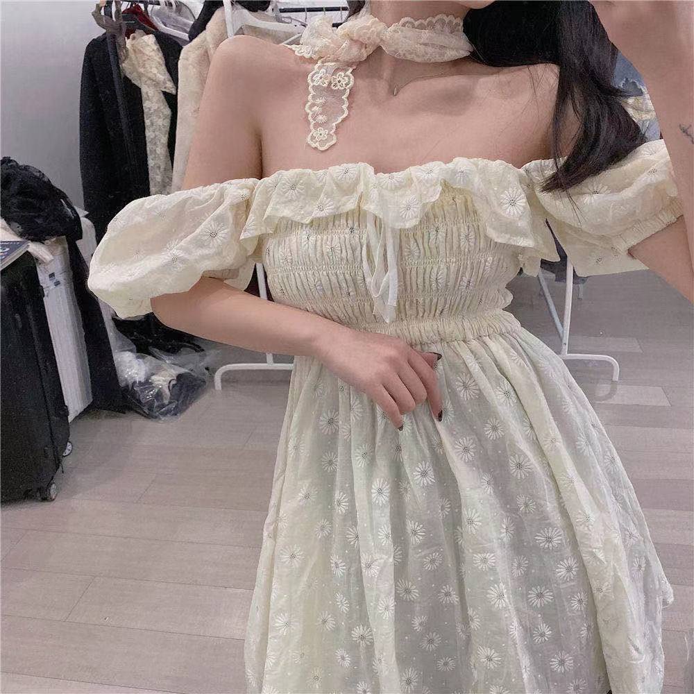 Đầm Tay Phồng Ngắn Cổ Vuông Eo Cao Ngọt Ngào Thời Trang Mùa Hè Mới Cho Nữ