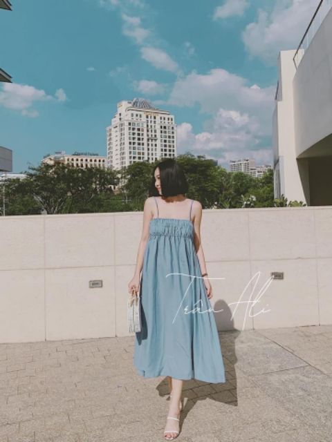 Váy 2 dây chun ngực khuy ngọc