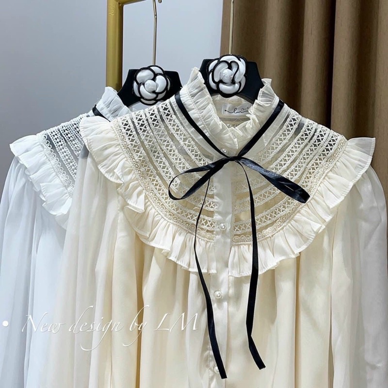 Áo sơmi/ blouse phối ren nơ cổ