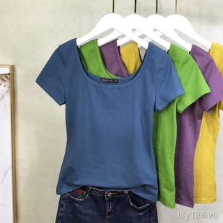áo croptop✔✾☸Áo thun nữ tay ngắn cổ chữ U to Summer Slim vừa vặn bó sát, hở lưng thấp trơn màu nửa phía dưới