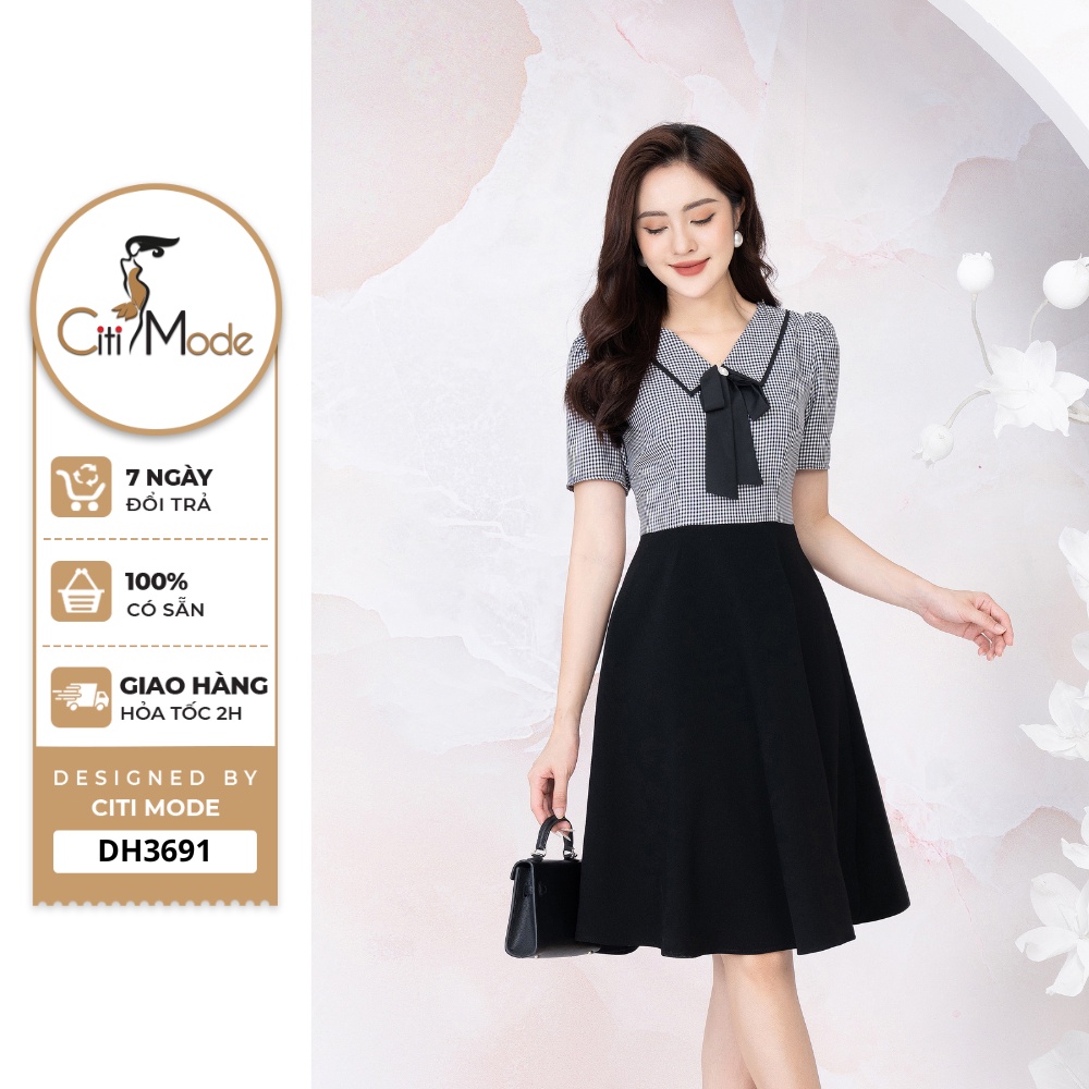 Đầm công sở CITI MODE FASHION thiết kế dáng xoè caro phối chân đen DH3691