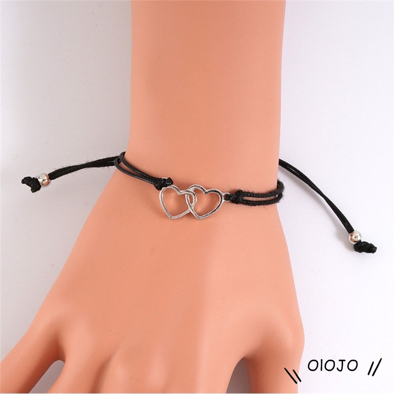 2 Vòng tay bện dây mặt hình trái tim đôi thời trang có thể điều chỉnh dành cho nam nữ