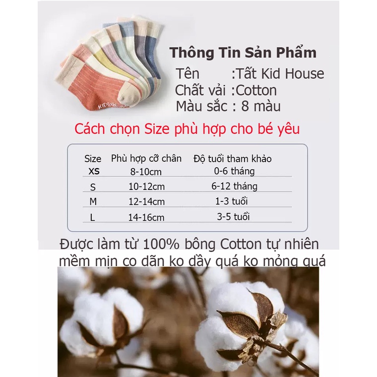 Tất trẻ em tất cho bé KID HOUSE cotton 100% chống trượt trơn 8 màu cho bé trai, bé gái đi thu đông cực xinh