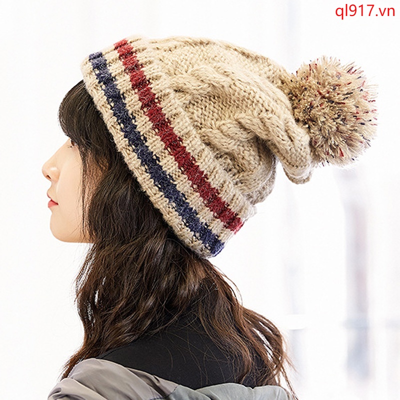 Mũ Len Dày Dặn Giữ Ấm Mùa Đông Họa Tiết Kẻ Sọc Gắn Quả Bông Phong Cách Hàn Quốc Cho Nữ