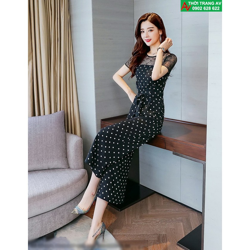 Jumpsuit - Đồ bay lửng ống rộng phối ren thắt nơ eo cực xinh - AV5947