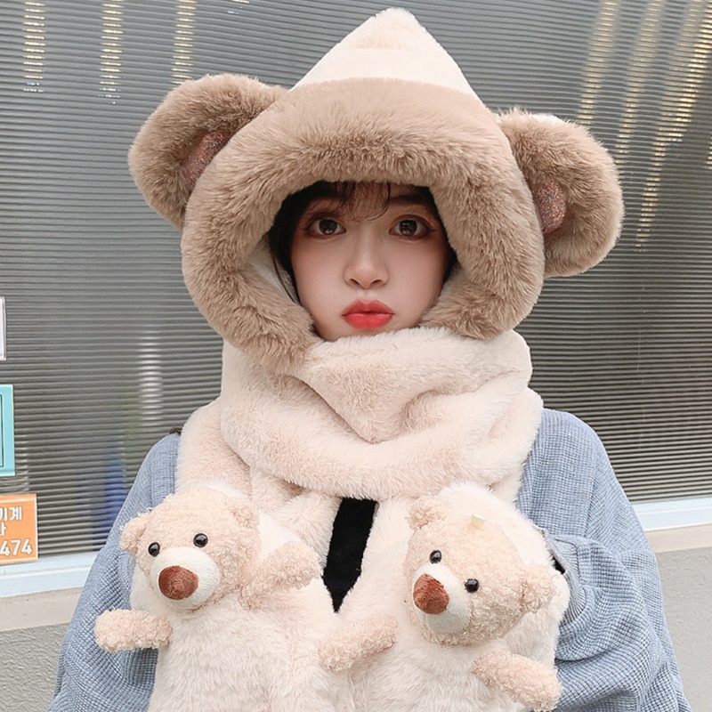 Khăn Quàng Cổ / Mũ / Găng Tay 3 Trong 1 Siêu Mềm Họa Tiết Gấu Hoạt Hình Dễ