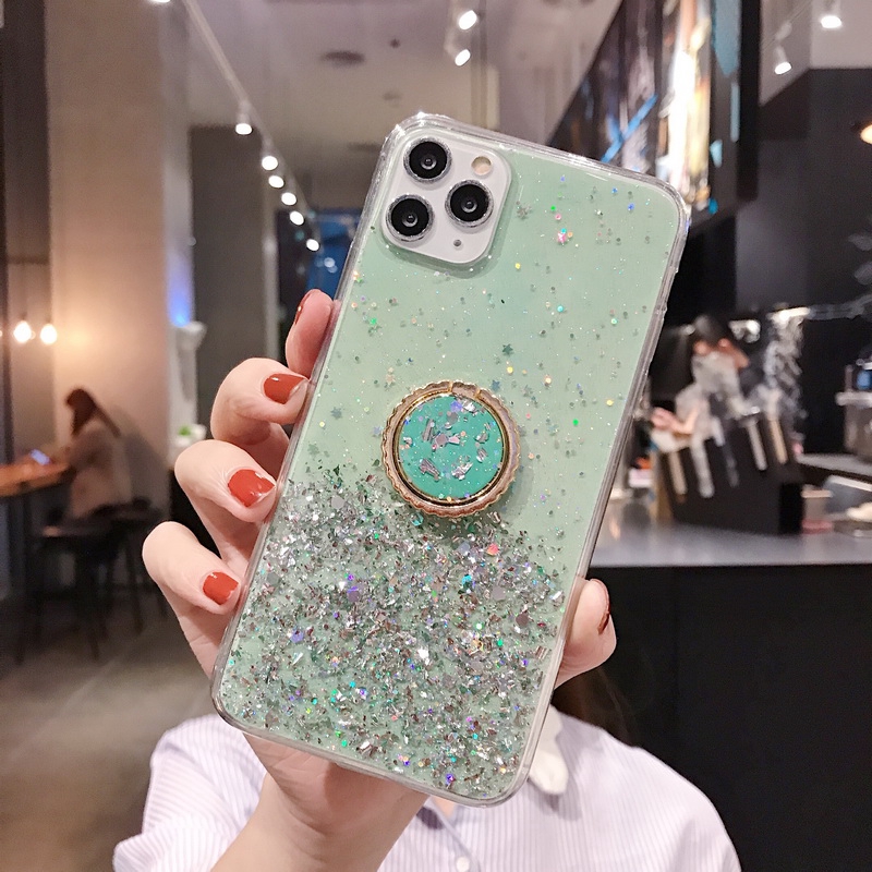 Ốp điện thoại epoxy trong suốt phối kim sa lấp lánh có vòng đỡ cho iPhone 11 Pro Max XS XR X 8 7