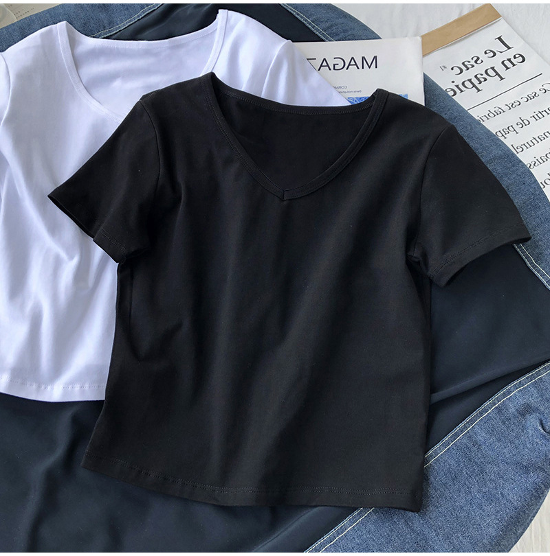 Áo thun croptop cổ chữ V màu trơn thời trang cho nữ