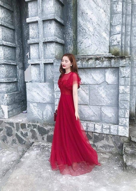 Đầm maxi dự tiệc mặc cưới tay ngắn kết hoa nổi TRIPBLE T DRESS - size M/L (kèm ảnh/video thật)MS34V