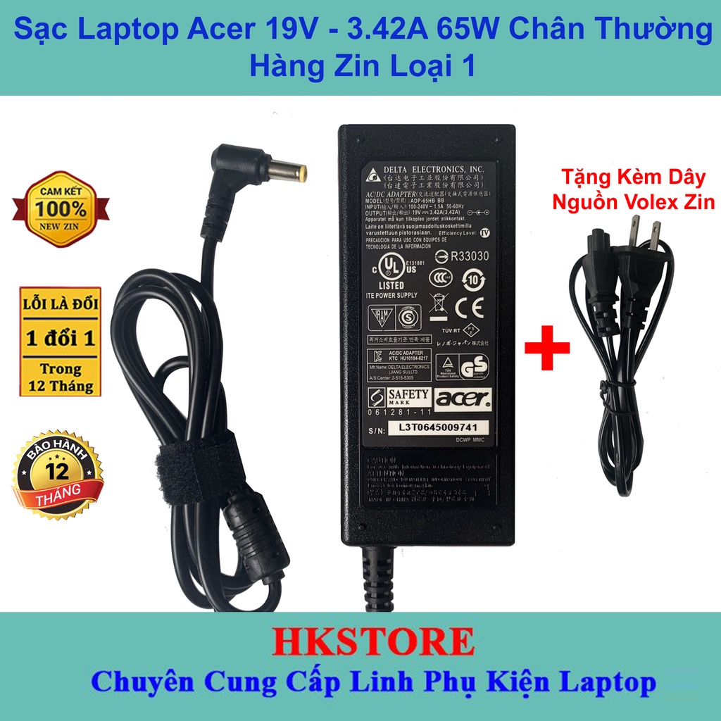 Sạc Laptop Acer 19V-3.42A 65W Acer 4710 4736 4810 4830 5830 X401 X402 X301 X501 4750 5810 sf531 V5-471 V5-473 V5-531
