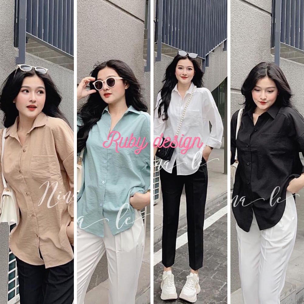 Áo sơ mi kiểu nữ áo sơ mi nữ vải đũi phom rộng túi ngực màu trắng cao cấp phong cách hàn quốc đi chơi công sở RubyShop