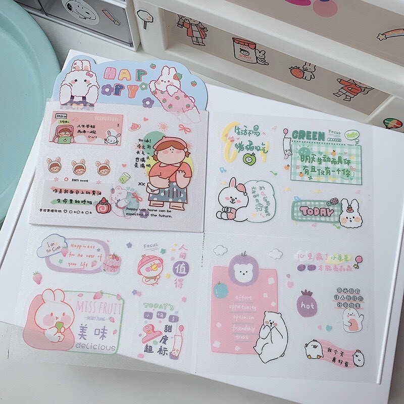 Bộ 4 tấm sticker trang trí cô gái, molang, gấu, thỏ mẫu vuông