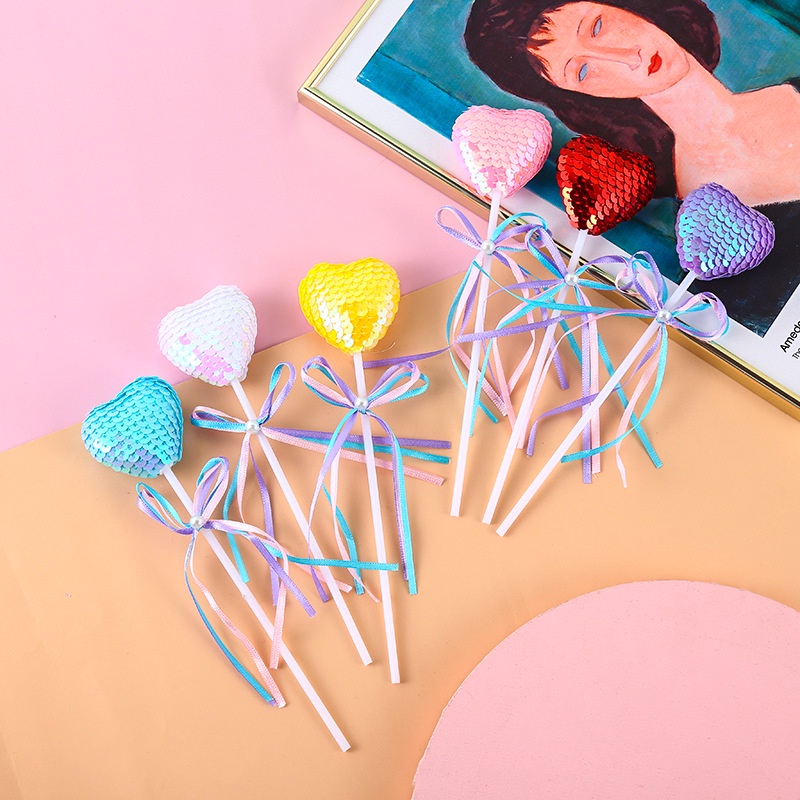 Phụ Kiện Cắm Trang Trí Bánh Kem Sinh Nhật Hình Trái Tim Đính Kim Sa Lấp Lánh Thẻ