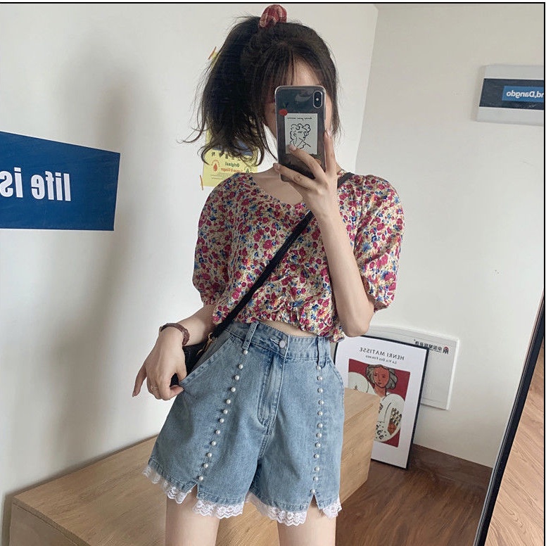 Quần Short Denim Phối Ren Lưng Cao Ống Rộng Thời Trang Mùa Hè Hàn Quốc Mới Cho Nữ