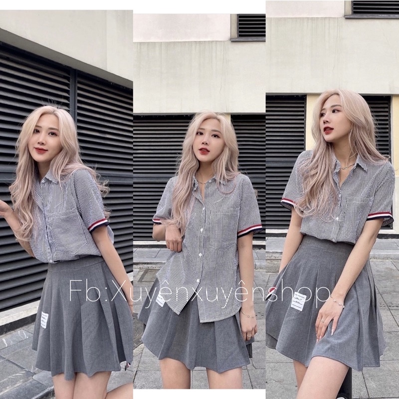 (Ảnh thật) Set áo sơ mi cộc tay chất xốp kẻ sọc kèm chân váy xếp ly xám