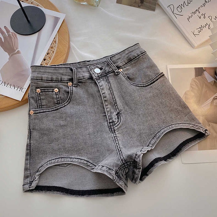 Jiashucheng Quần Short Denim Lưng Cao Dáng Ôm Màu Xanh Dương Bất Đối Xứng Thời Trang Cho Nữ @