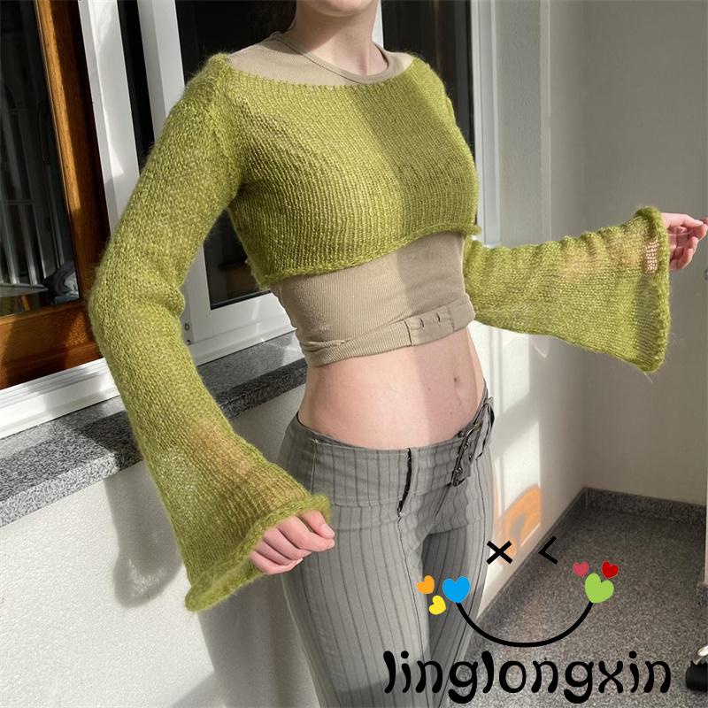 Áo Croptop Dệt Kim Tay Dài Phong Cách Harajuku Cổ Điển 90s Cho Nữ Linglongxi2-Y2K