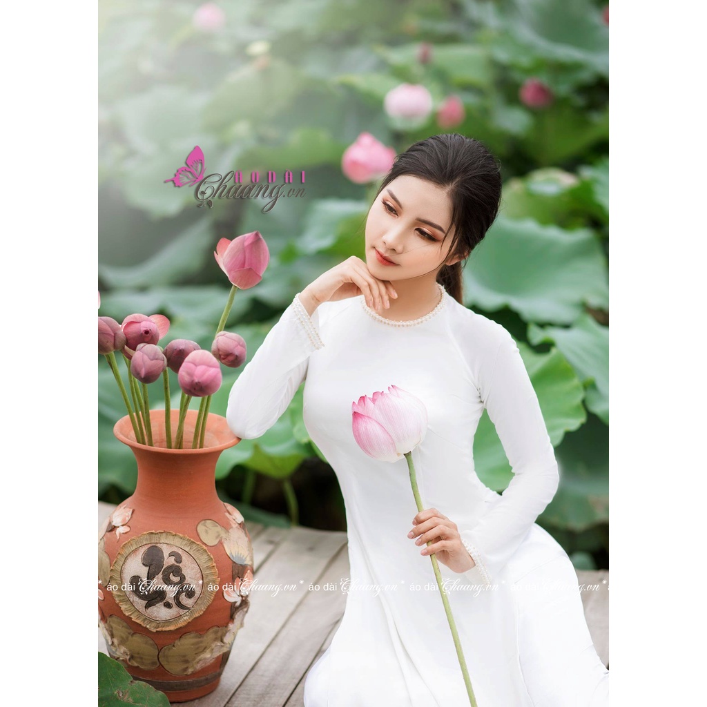 Áo dài lụa Tây Thi cổ tròn Chaang May sẵn áo dài thiết kê truyền thống đính hạt ngọc cổ tay