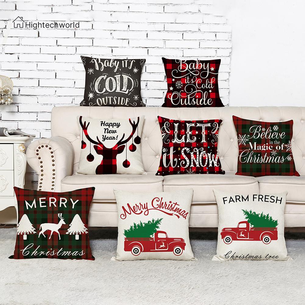 Hightechworld Christmas Pattern Linen Pillowcase Soft Throw Pillow Case Sofa Car Cushion