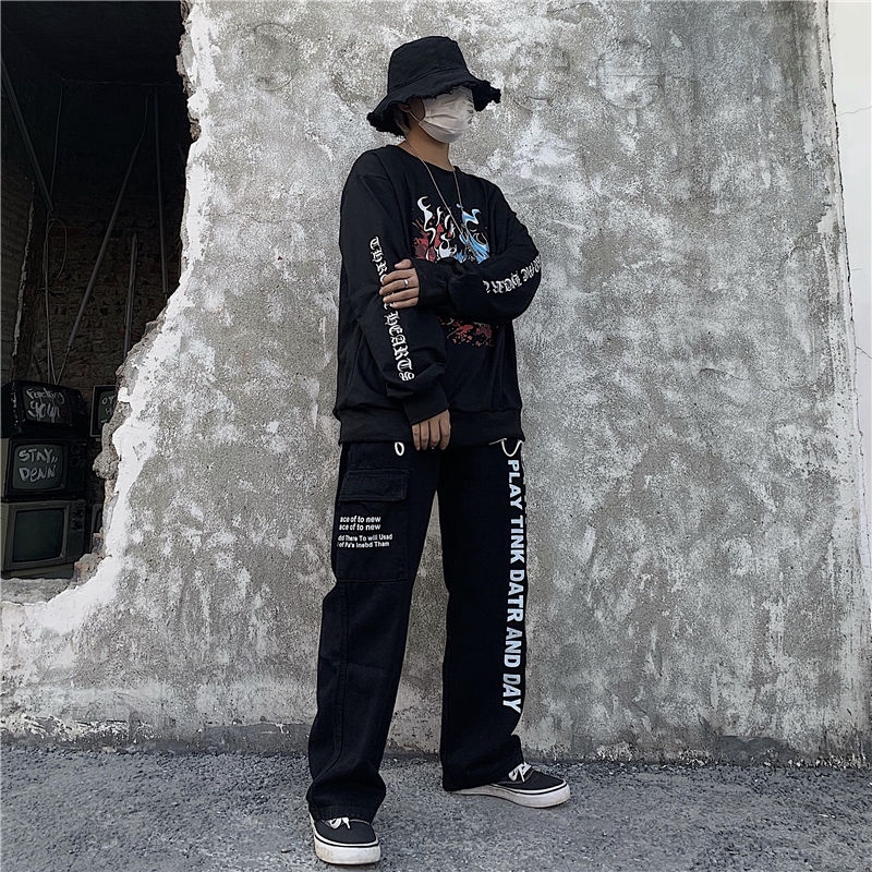 Quần denim ống suông rộng in họa tiết chữ phong cách retro cá tính | BigBuy360 - bigbuy360.vn