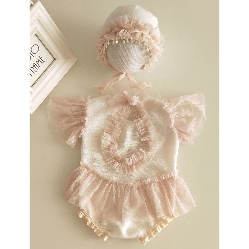 Mary☆2Pcs Newborn Photography Props Suit Lace Romper Hat Set Knit Outfits Clothing