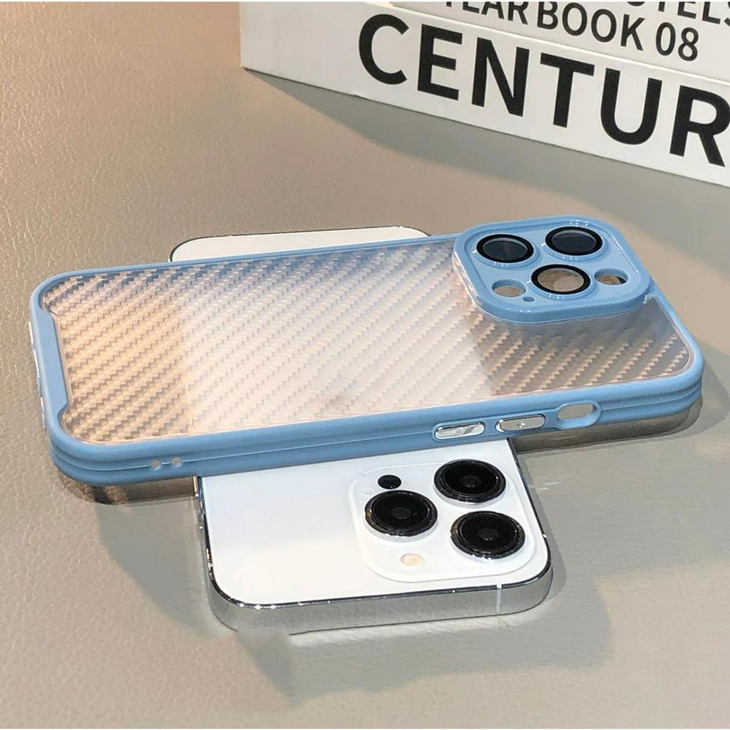 Ốp Điện Thoại Cứng Họa Tiết Sợi Carbon Màu Đen Kèm Miếng Dán Ống Kính Máy Ảnh Cho compatible for iPhone 11 12 13 14 pro max