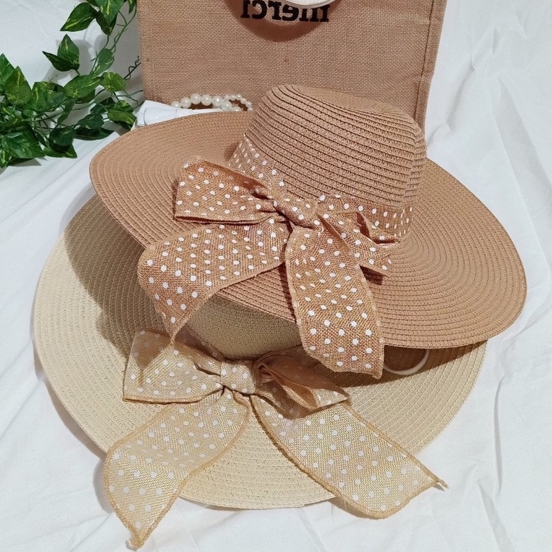 Nón cói/mũ cói nữ đi biển vành rộng phối nơ chấm bi sang chảnh hình chụp thật-vành rộng chấm bi