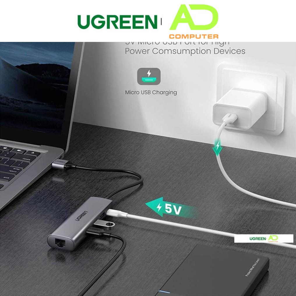 Bộ chuyển USB 3.0 sang LAN 1Gbps + Hub USB 3.0 3 cổng chính hãng UGREEN 60812 cao cấp