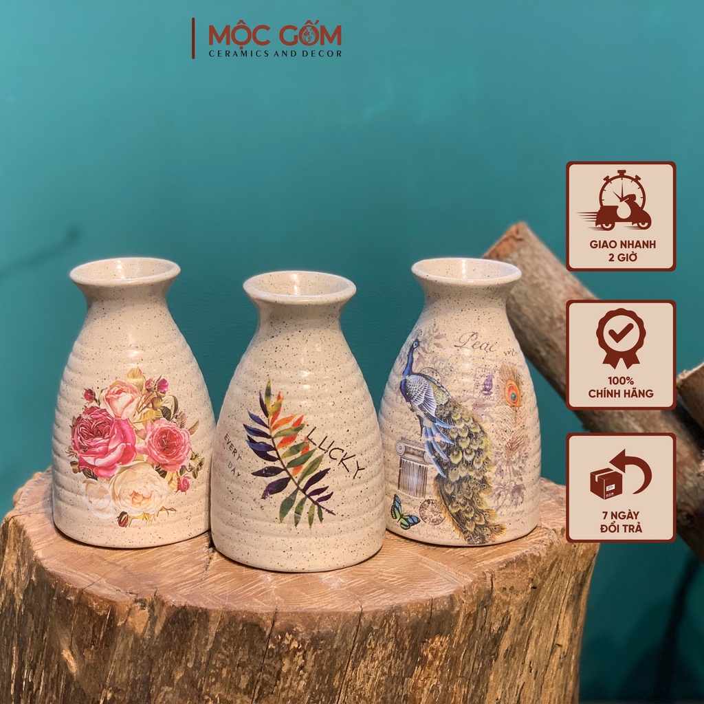 Bình gốm sake cắm hoa men tiêu Bát Tràng để bàn đẹp - Mộc Gốm ( DECAL HỌA TIẾT NGẪU NHIÊN) MG29