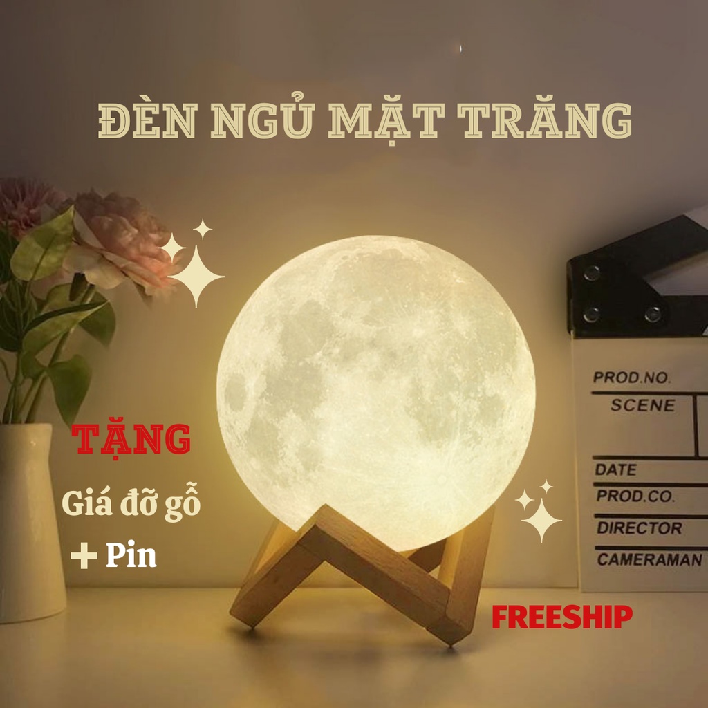 Đèn Ngủ, Đèn Ngủ Để Bàn Hình Mặt Trăng 3D Có Kèm Đế Gỗ NOBITA OFFICIAL
